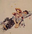 Norman Rockwell Canvas Paintings - Grandpa and Me picking daisies